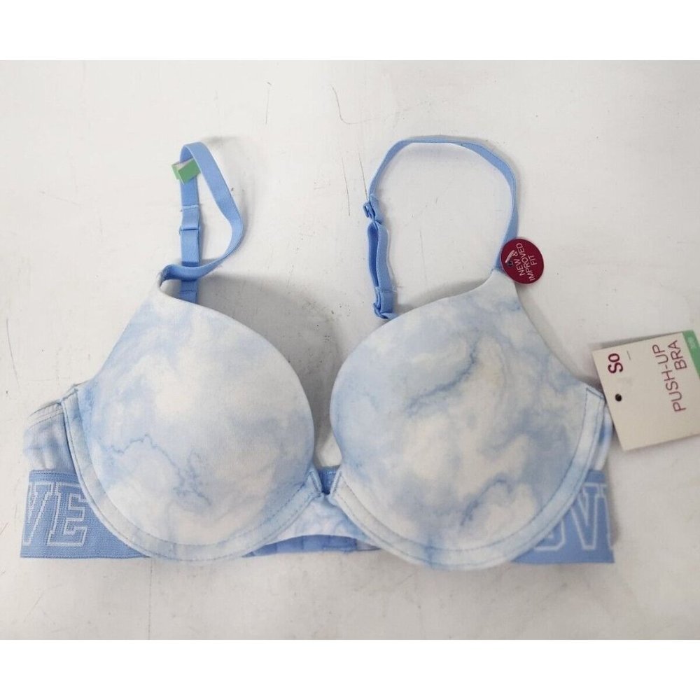 So Womens Micro Push Up Bra Size 32B Blue Tie Dye Adjustable Strap NEW